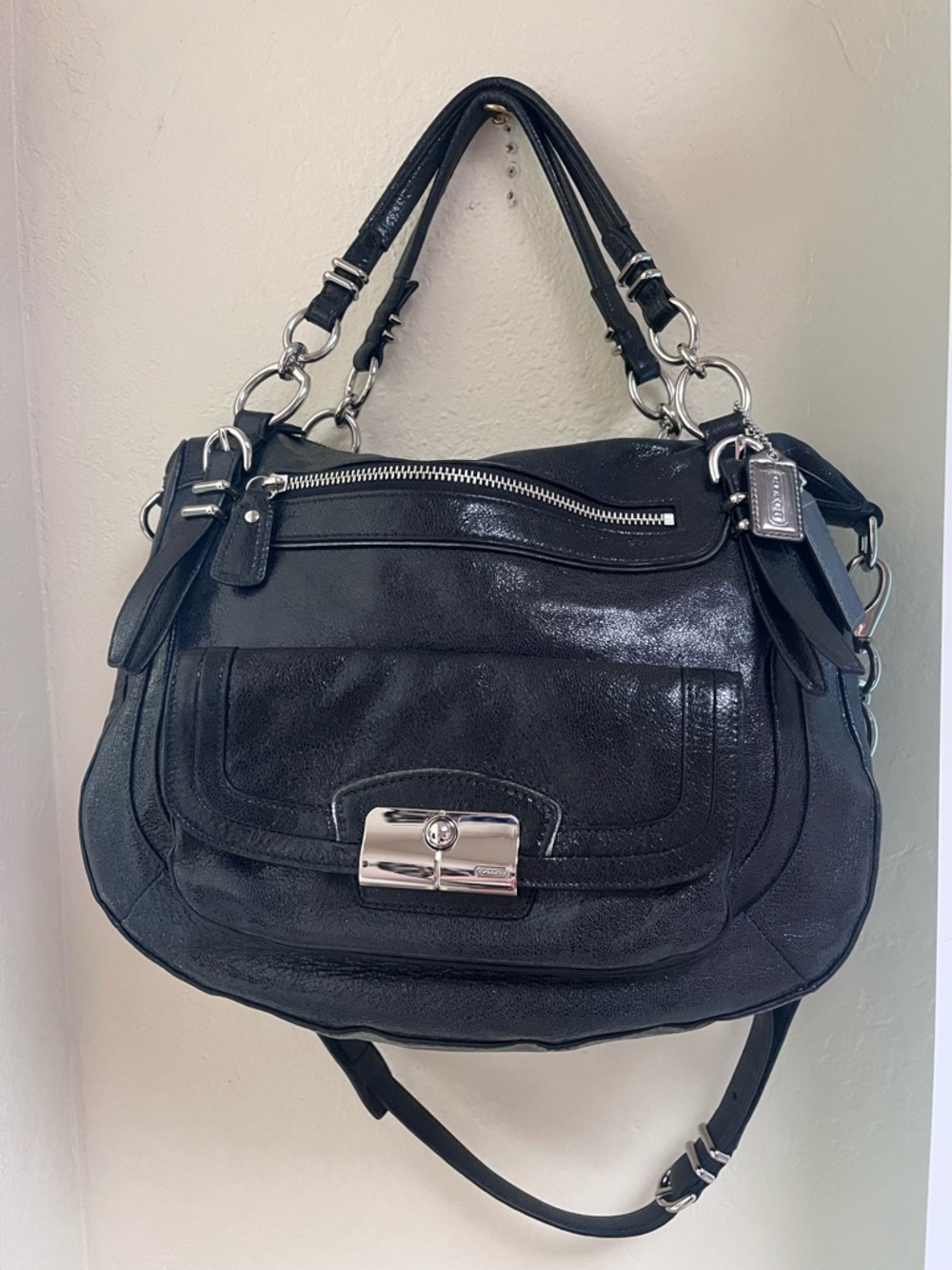 Coach Black Leather Shoulder Satchel with Silver Hardware